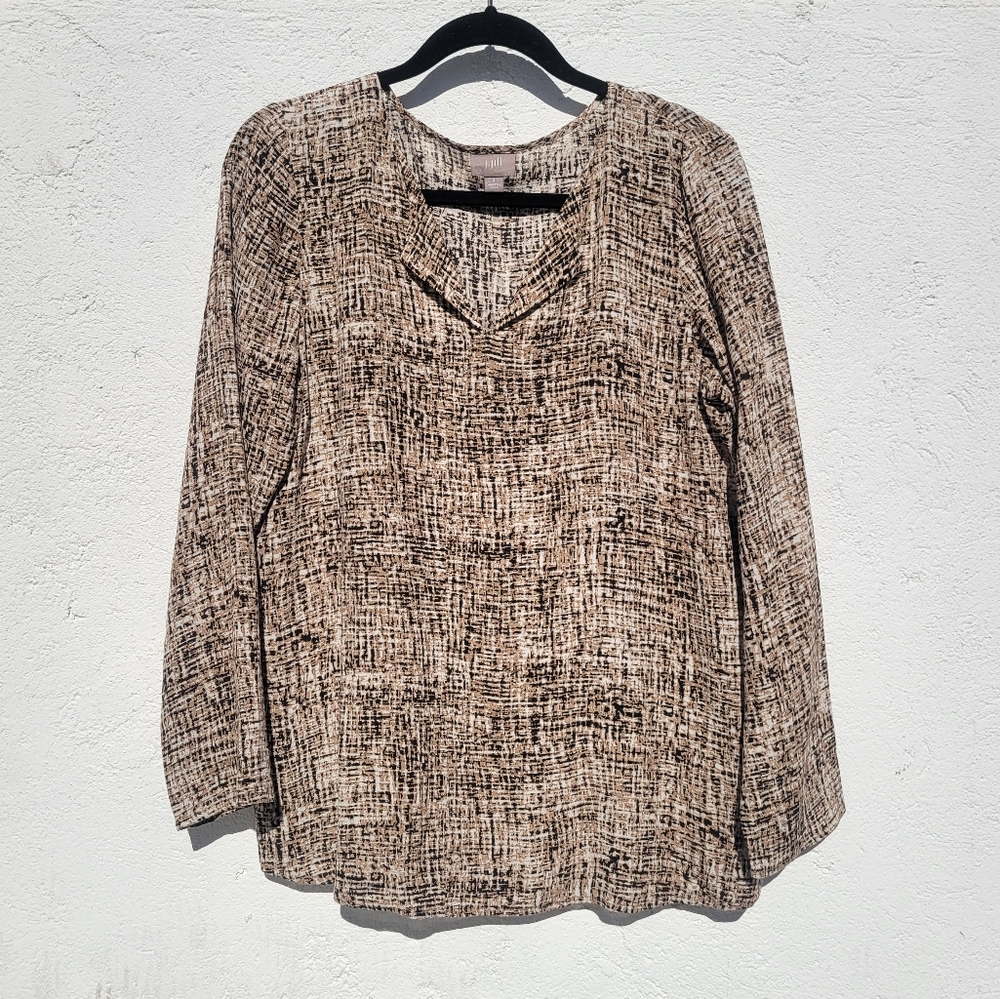 J Jill Pullover Basketweave V Neck Long Sleeve Print Blouse Top Size S